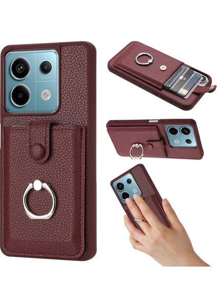 Xiaomi Poco X6 5g Kılıf Çizim Tipi Kart Yuvaları Litchi Doku Deri Arka Kapak Halkalı Kickstand-Şarap Kırmızı (Yurt Dışından)