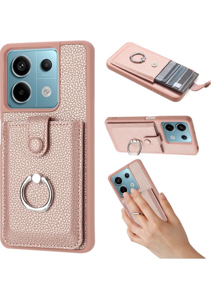 Xiaomi Poco X6 5g Kılıf Çizim Tipi Kart Yuvaları Litchi Doku Deri Arka Kapak Halkalı Kickstand-Gül Altın (Yurt Dışından)