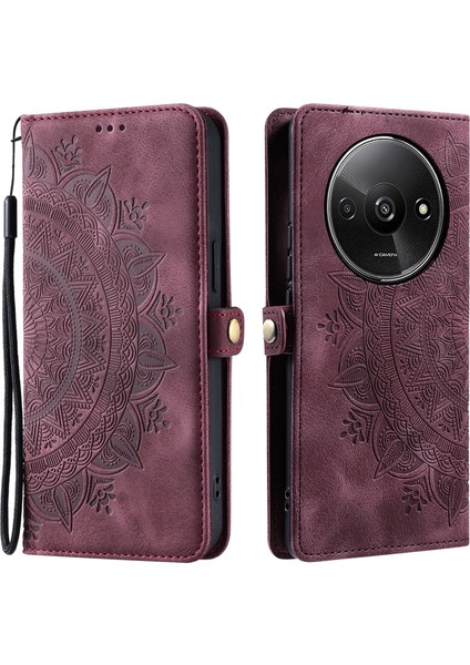 Xiaomi Poco C61 4g Kılıf Için Cilt Hissedin Totem Baskılı Cüzdan Deri Telefon Kapağı-Şarap Kırmızı (Yurt Dışından)