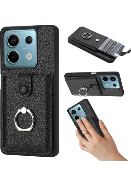 Xiaomi Poco X6 5g Kılıf Çizim Tipi Kart Yuvaları Litchi Doku Deri Arka Kapak Halkalı Kickstand-Siyah (Yurt Dışından)
