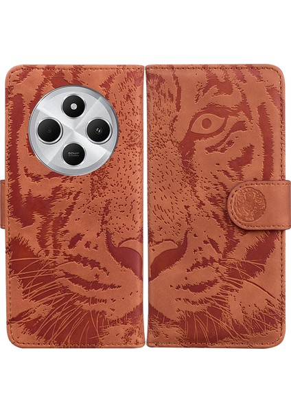 Xiaomi Redmi 14C 4g Kılıf Tiger Baskı Deri Cüzdan Telefon Kapağı-Kahverengi (Yurt Dışından)