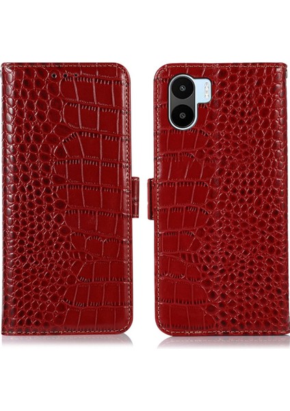 Xiaomi Redmi Için A1 4g Damla Geçirmez Hakiki Inek Derisi Deri Akıllı Telefon Kapak Standı Rfıd Engelleme Timsah Doku Cüzdan Kılıf Telefon Kabuk-Kırmızı (Yurt Dışından)