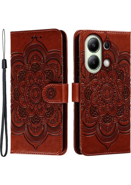 Xiaomi Redmi Note 13 4g Kılıf Pu Deri Mandala Baskılı Tasarım Cüzdan Telefon Kapağı-Kahverengi (Yurt Dışından)
