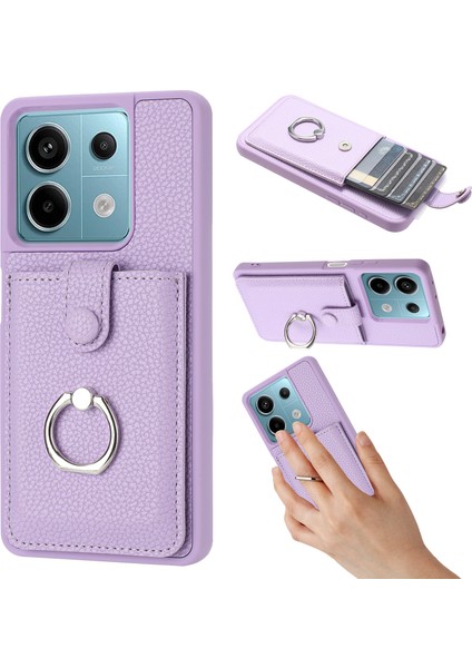 Xiaomi Poco X6 5g Kılıf Çizim Tipi Kart Yuvaları Litchi Doku Deri Arka Kapak Halkalı Kickstand-Mor (Yurt Dışından)