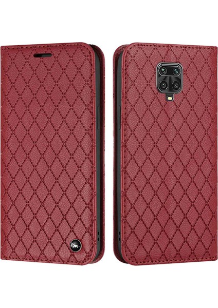 Xiaomi Redmi Için Not 9 Pro 4g/5g Tam Koruma Kapaklı Cüzdan Kılıf Eşkenar Dörtgen Desen Litchi Doku Manyetik Pu Deri Telefon Kapağı-Kırmızı (Yurt Dışından)