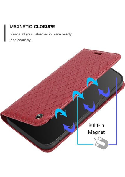 Xiaomi Redmi Için Not 9 Pro 4g/5g Tam Koruma Kapaklı Cüzdan Kılıf Eşkenar Dörtgen Desen Litchi Doku Manyetik Pu Deri Telefon Kapağı-Kırmızı (Yurt Dışından)