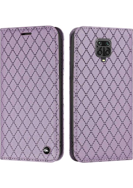 Xiaomi Redmi Için Not 9 Pro 4g/5g Tam Koruma Kapaklı Cüzdan Kılıf Eşkenar Dörtgen Desen Litchi Doku Manyetik Pu Deri Telefon Kapağı-Mor (Yurt Dışından)