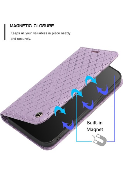 Xiaomi Redmi Için Not 9 Pro 4g/5g Tam Koruma Kapaklı Cüzdan Kılıf Eşkenar Dörtgen Desen Litchi Doku Manyetik Pu Deri Telefon Kapağı-Mor (Yurt Dışından)