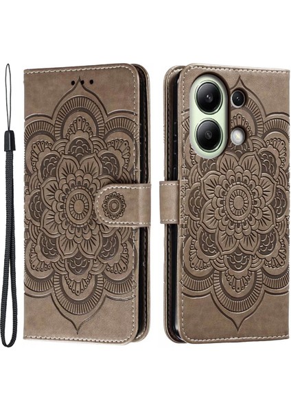 Xiaomi Redmi Note 13 4g Kılıf Pu Deri Mandala Baskılı Tasarım Cüzdan Telefon Kapağı-Gri (Yurt Dışından)