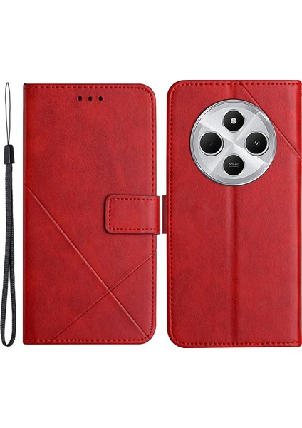 Xiaomi Redmi 14C 4g Deri Kılıf Çizgi Desenli Cüzdan Telefon Kapağı-Kırmızı (Yurt Dışından)