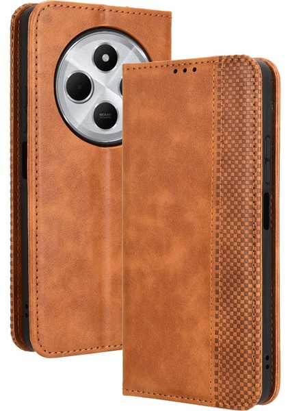 Xiaomi Redmi 14C 4g Deri Kılıf Cüzdan Standı Retro Doku Telefon Kapağı-Kahverengi (Yurt Dışından)