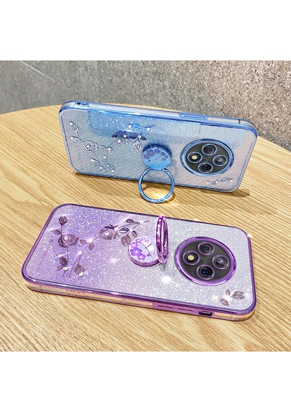 Xiaomi Redmi Için 14C 4g Kılıf Yüzük Kickstand Tpu Çiçekler Telefon Kapağı Degrade Glitter-Mavi (Yurt Dışından)