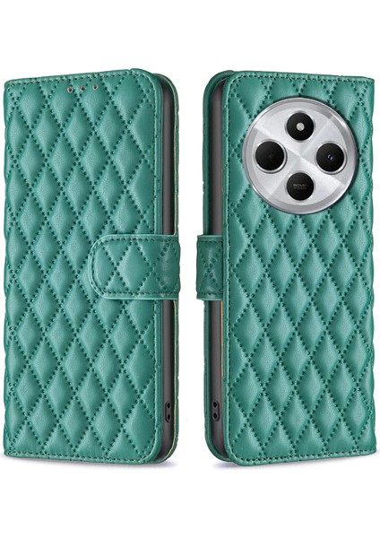 Xiaomi Redmi 14C 4g Kılıf Eşkenar Dörtgen Telefon Deri Kapak Standı-Yeşil (Yurt Dışından)