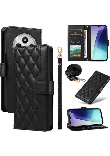 Xiaomi Redmi 14C 4g Kılıf Cüzdan Eşkenar Dörtgen Deri Telefon Kılıfı, Omuz Askılı, Bilek Askısı-Siyah (Yurt Dışından)