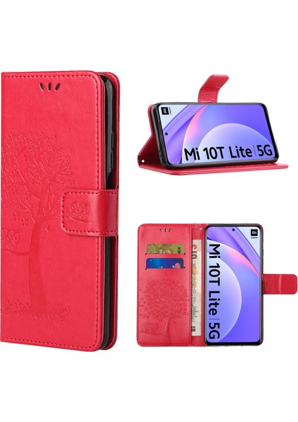 Xiaomi Redmi Note 9 Pro 5g-Kırmızı Için Baskı Ağacı Baykuş Pu Deri Cüzdan Kılıf (Yurt Dışından)