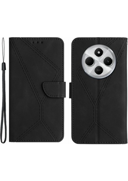 HT05 Xiaomi Redmi 14C 4g Kılıf Cilt Dokunma Hatları Pu Deri Flip Telefon Kapağı-Siyah (Yurt Dışından)