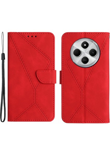 HT05 Xiaomi Redmi 14C 4g Kılıf Cilt Dokunma Hatları Pu Deri Flip Telefon Kapağı-Kırmızı (Yurt Dışından)