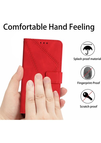 HT05 Xiaomi Redmi 14C 4g Kılıf Cilt Dokunma Hatları Pu Deri Flip Telefon Kapağı-Kırmızı (Yurt Dışından)