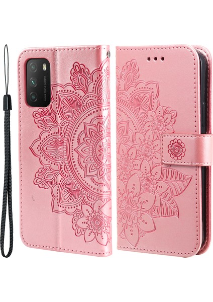Pu Deri Künye Çiçek Desen Cüzdan Telefon Kılıfı Xiaomi Poco M3-Rose Gold Için Kordonlu (Yurt Dışından)