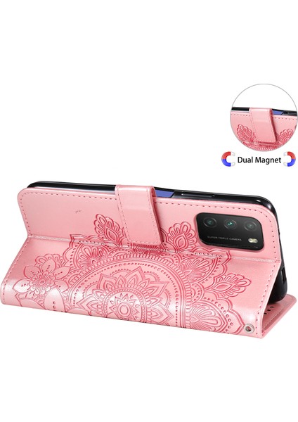 Pu Deri Künye Çiçek Desen Cüzdan Telefon Kılıfı Xiaomi Poco M3-Rose Gold Için Kordonlu (Yurt Dışından)