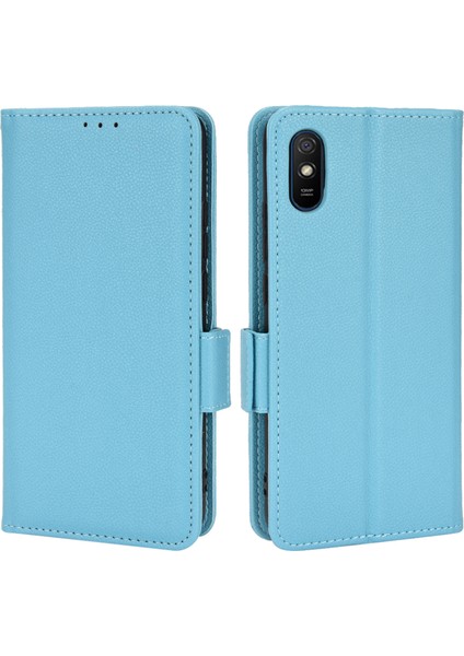 Xiaomi Redmi 9A Litchi Doku Çizilmeye Dayanıklı Pu Deri Cüzdan Telefon Kılıfı Stand-Bebek Mavisi Için (Yurt Dışından)