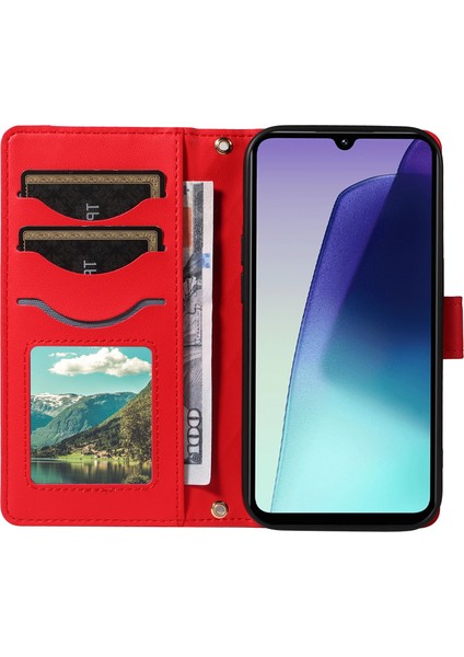 Xiaomi Redmi 14C 4g Kılıf Cüzdan Eşkenar Dörtgen Deri Telefon Kılıfı, Omuz Askılı, Bilek Askısı-Kırmızı (Yurt Dışından) modelleri