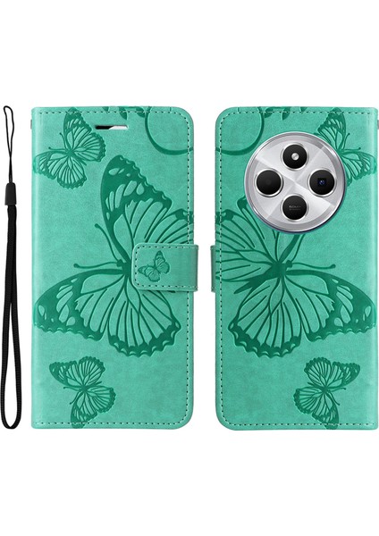 Xiaomi Redmi 14C 4g Kılıf Deri Telefon Kılıfı-Yeşil Baskı Çiçek (Yurt Dışından)