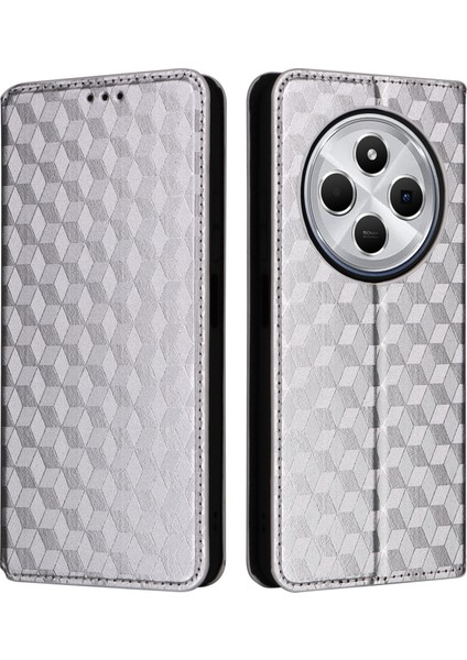 Xiaomi Redmi 14C 4g Cüzdan Kılıfı Eşkenar Dörtgen Baskılı Deri Telefon Kapağı-Gümüş (Yurt Dışından)