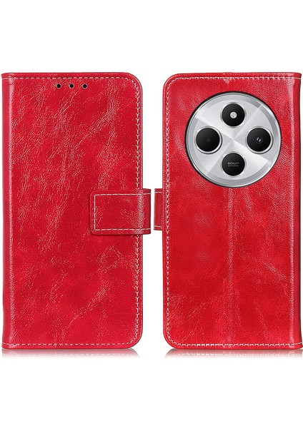 Xiaomi Redmi 14C 4g Kılıf Crazy Horse Dokulu Deri Telefon Cüzdan Kapağı-Kırmızı (Yurt Dışından)