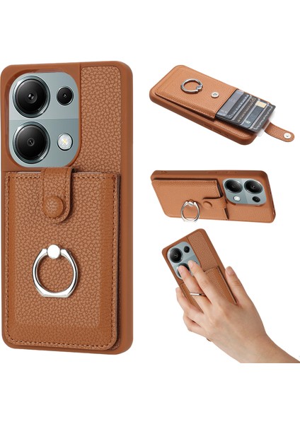 Xiaomi Poco M6 Pro 4g Kılıf Çizim Tipi Kart Yuvaları Litchi Doku Deri Arka Kapak Halkalı Kickstand-Kahverengi (Yurt Dışından)