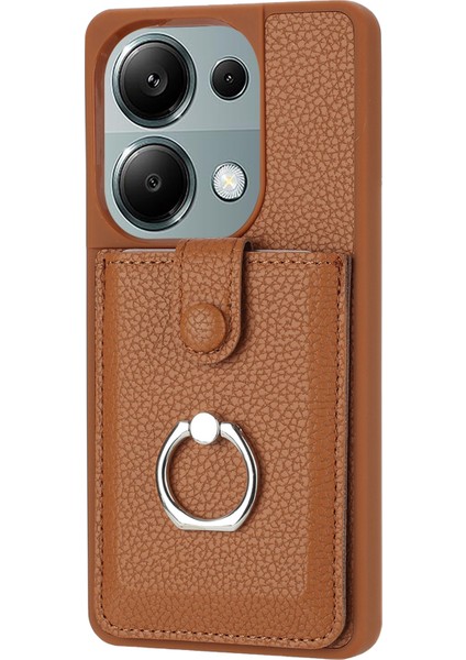 Xiaomi Poco M6 Pro 4g Kılıf Çizim Tipi Kart Yuvaları Litchi Doku Deri Arka Kapak Halkalı Kickstand-Kahverengi (Yurt Dışından) modelleri