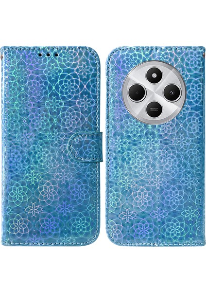 Xiaomi Redmi 14C 4g Standlı Kılıf Için Göz Kamaştırıcı Çiçek Deri Telefon Kapağı-Mavi (Yurt Dışından)
