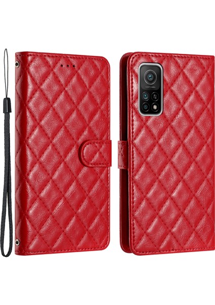 Xiaomi Mi 10T 5G/10T Pro 5g Dikiş Hattı Eşkenar Dörtgen Cüzdan Standı Deri Telefon Kapağı-Kırmızı Için Flip Case (Yurt Dışından)