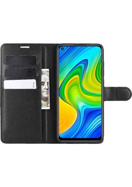 Xiaomi Redmi Note 9 Için Litchi Cilt Manyetik Deri Kılıf Cüzdan Standı Tasarım Telefon Kılıfı-Siyah (Yurt Dışından)