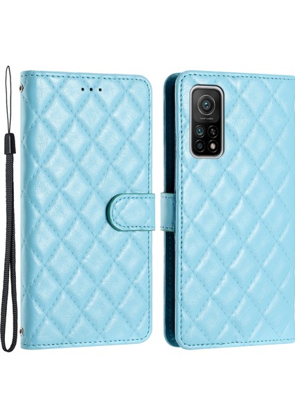 Xiaomi Mi 10T 5G/10T Pro 5g Dikiş Hattı Eşkenar Dörtgen Cüzdan Standı Deri Telefon Kapağı-Gök Mavisi Için Flip Case (Yurt Dışından)