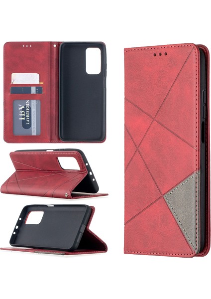 Xiaomi Redmi K30S Koruyucu Kabuk-Kırmızı Için Geometrik Desen Standlı Deri Kart Tutucu Kılıf (Yurt Dışından)