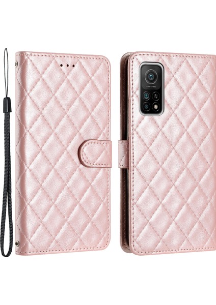 Xiaomi Mi 10T 5G/10T Pro 5g Dikiş Hattı Eşkenar Dörtgen Cüzdan Standı Deri Telefon Kapağı-Gül Altın Için Flip Case (Yurt Dışından)