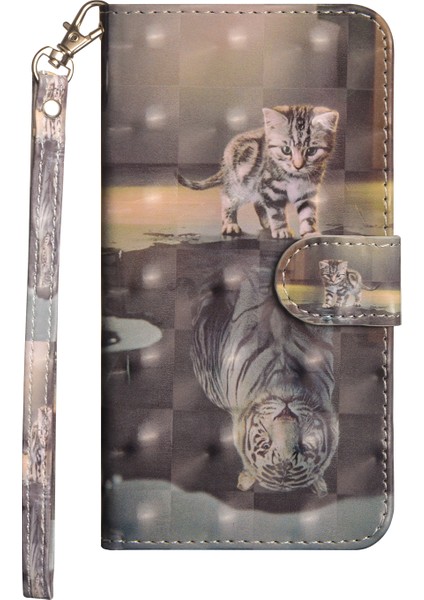 Xiaomi Redmi Note 9 Pro -Kedi ve Sudaki Yansıma Için Light Spot Dekor Desenli Deri Cüzdan Kılıf (Yurt Dışından)