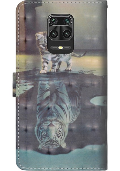 Xiaomi Redmi Note 9 Pro -Kedi ve Sudaki Yansıma Için Light Spot Dekor Desenli Deri Cüzdan Kılıf (Yurt Dışından)