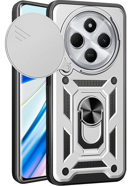 Xiaomi Redmi 14C 4g Kılıf Için Slayt Kamera Kapaklı Pc + Tpu Kickstand Telefon Kapağı-Gümüş (Yurt Dışından)
