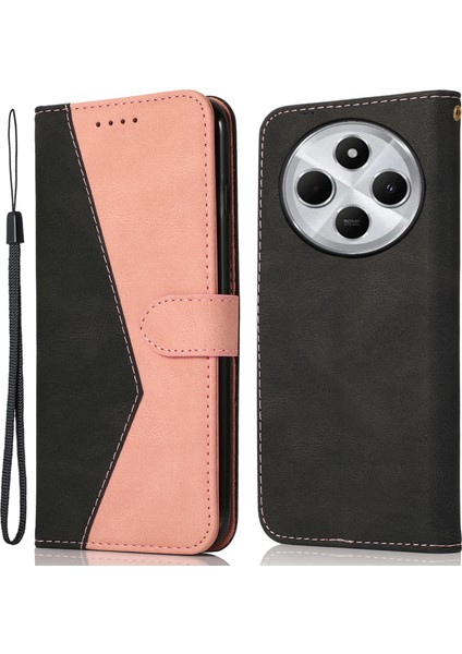 Xiaomi Redmi Için 14C 4g Kapak Renk Ekleme Cüzdan Standı Deri Telefon Kılıfı Bilek Kayışı-Siyah + Gül Altın (Yurt Dışından)