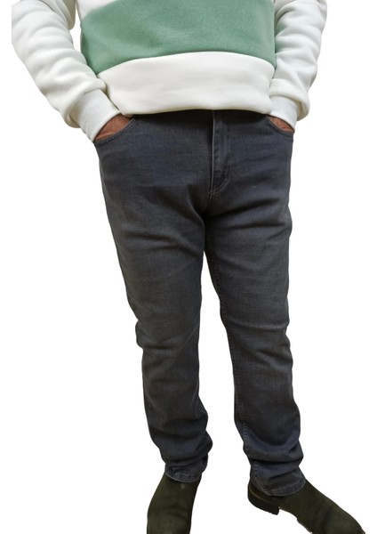 Erkek Denim Yüksek Bel Fermuarlı Taşlamalı Regular Fit Likralı Gri Kot Pantolon