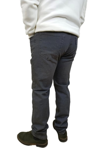 Erkek Denim Yüksek Bel Fermuarlı Taşlamalı Regular Fit Likralı Gri Kot Pantolon