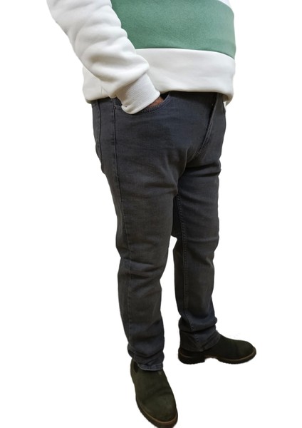 Erkek Denim Yüksek Bel Fermuarlı Taşlamalı Regular Fit Likralı Gri Kot Pantolon