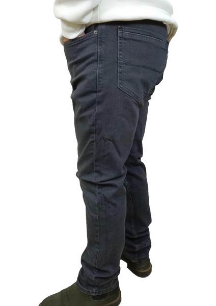 Erkek Denim Yüksek Bel Fermuarlı Taşlamalı Regular Fit Likralı Gri Kot Pantolon