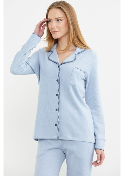 Düğmeli Gömlek Model Pijama Takım - Mavi fiyatları