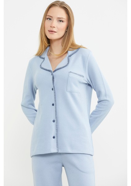 Düğmeli Gömlek Model Pijama Takım - Mavi modelleri