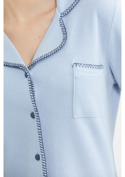 Düğmeli Gömlek Model Pijama Takım - Mavi indirimleri
