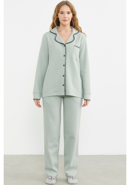 Düğmeli Gömlek Model Pijama Takım - Yeşil