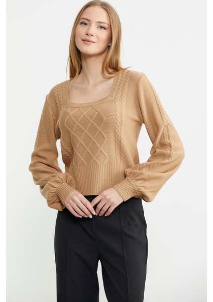 Kare Yaka Geniş Kol Triko Kazak - Kamel